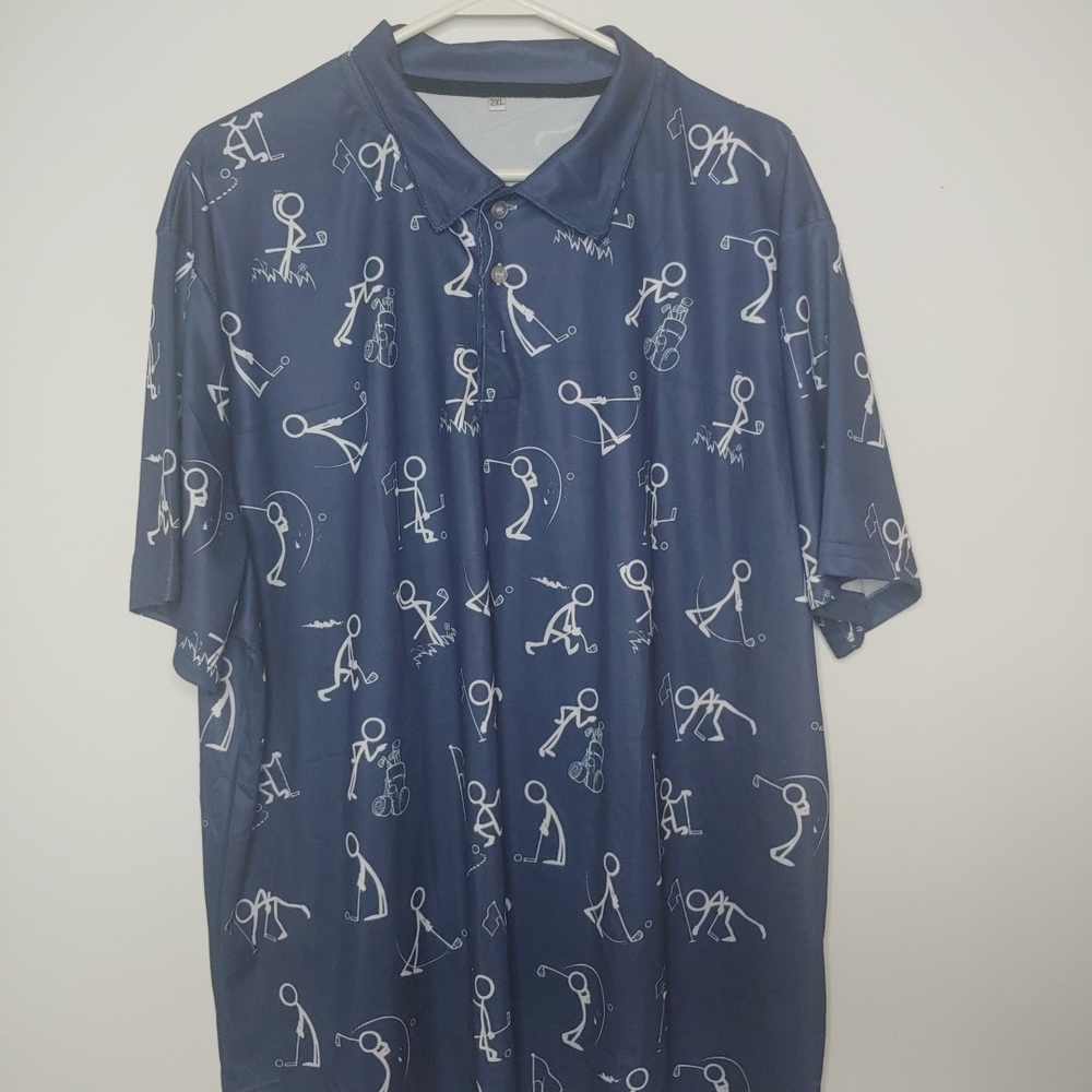 Mens Navy Blue Polo with White Stick-Figure Golf Print
